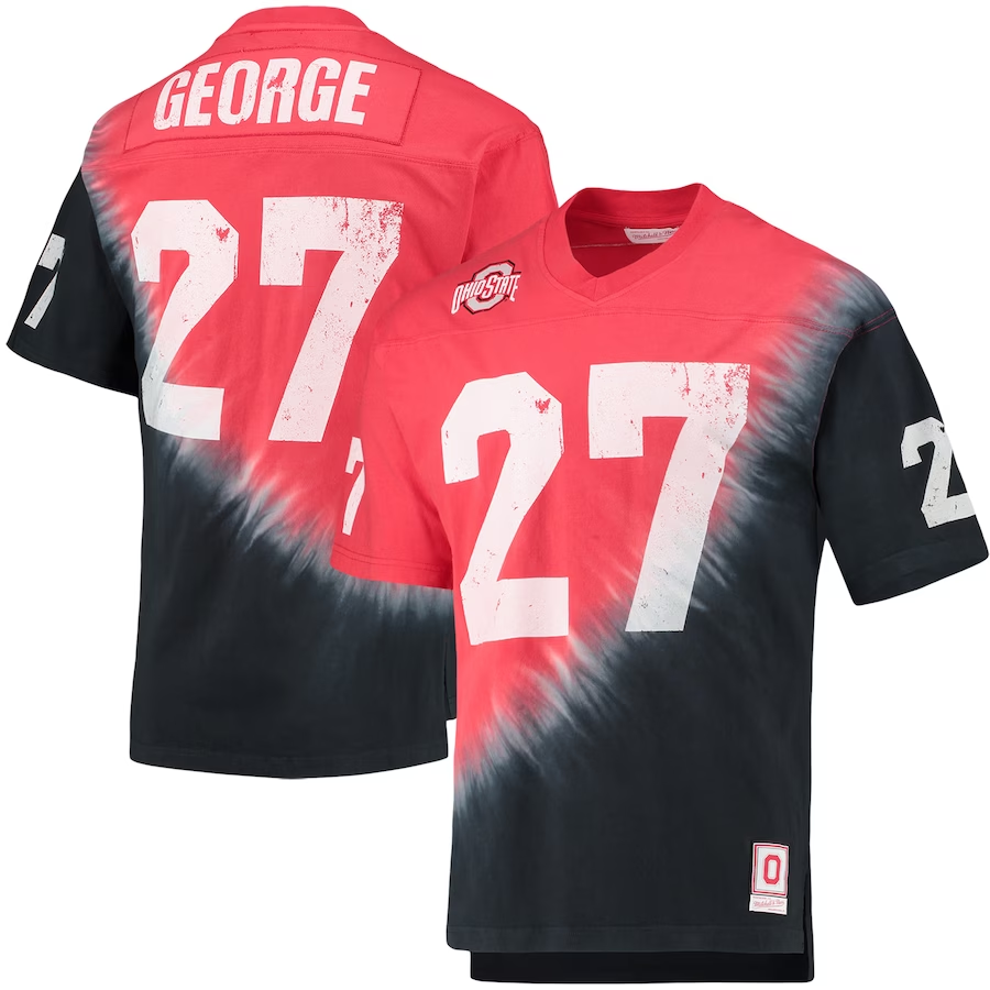Men's Ohio State Buckeyes Eddie George #27 Black/Scarlet Tie-Dye V-Neck T-Shirt