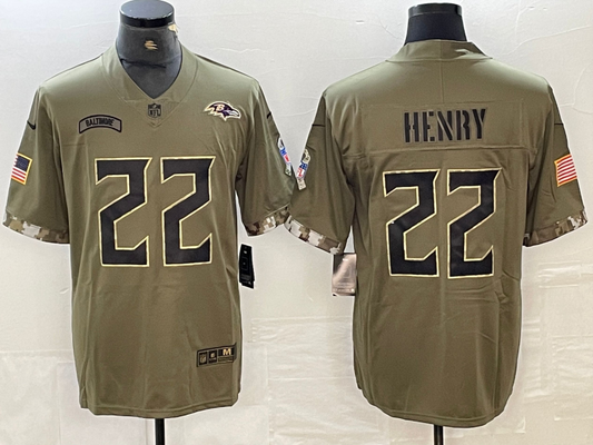 Men's Baltimore Ravens Derrick Henry #22 Olive 2022 Salute To Service Limited Jersey1