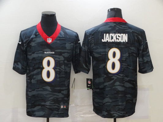 Men's Baltimore Ravens Lamar Jackson #8 Gray Camouflage Game Jersey1
