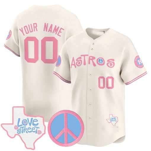 Custom Houston Astros Love Street & Peace Sign Patch Bubblegum Pink Vapor Premier Limited All Stitched Baseball Jersey