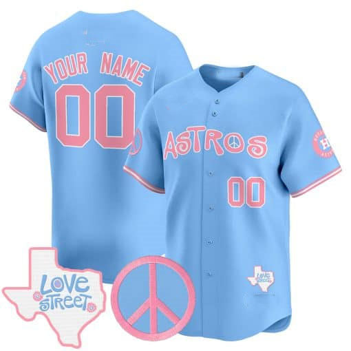 Custom Houston Astros Love Street & Peace Sign Patch Bubblegum Pink Vapor Premier Limited All Stitched Baseball Jersey
