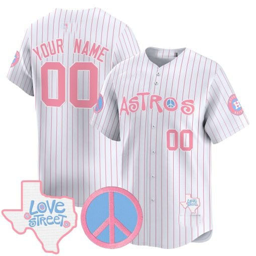 Custom Houston Astros Love Street & Peace Sign Patch Bubblegum Pink Vapor Premier Limited All Stitched Baseball Jersey