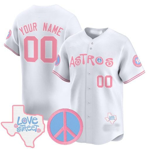 Custom Houston Astros Love Street & Peace Sign Patch Bubblegum Pink Vapor Premier Limited All Stitched Baseball Jersey