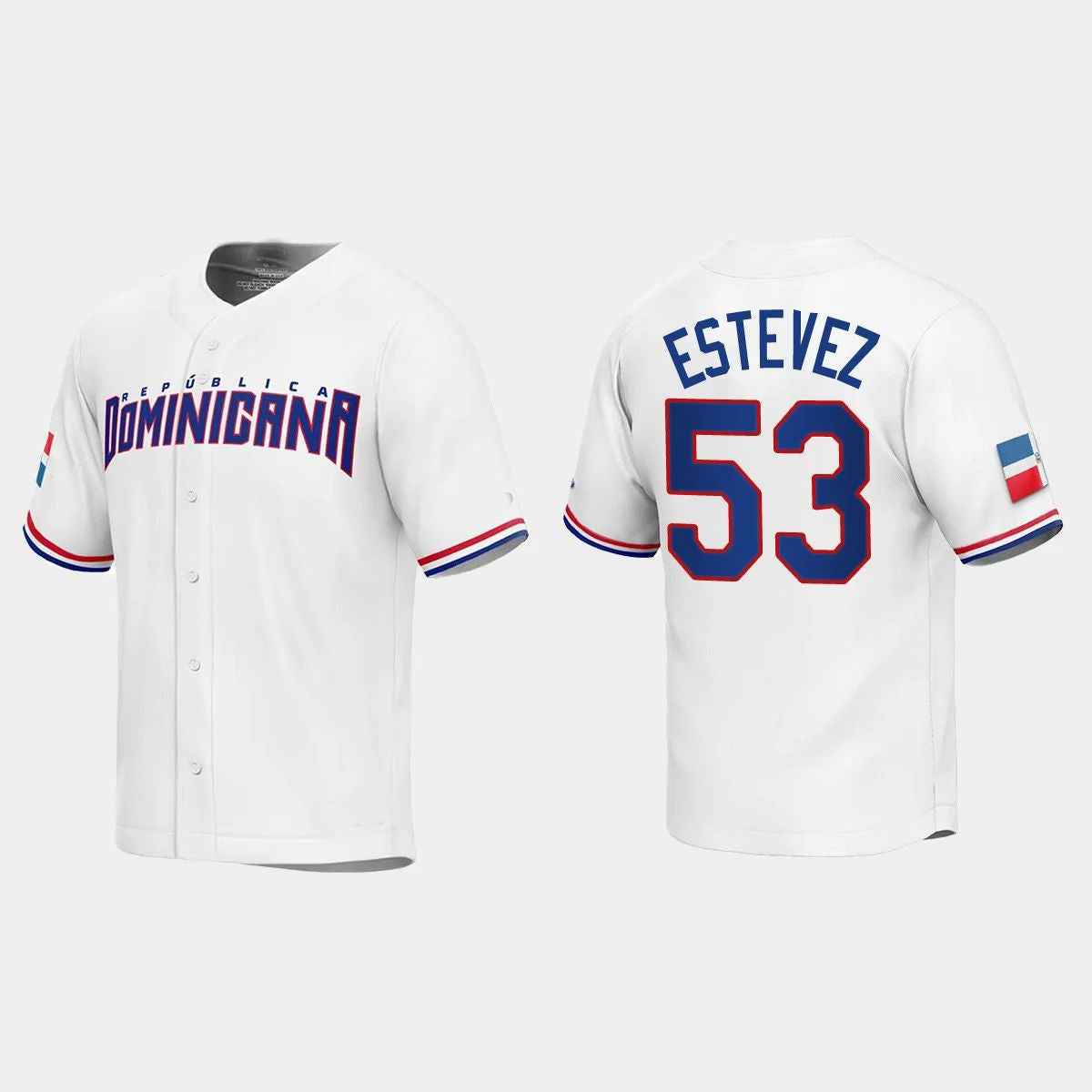 #53 CARLOS ESTEVEZ DOMINICAN REPUBLIC BASEBALL 2023 WORLD BASEBALL CLASSIC REPLICA JERSEYC WHITE Stitches Baseball Jerseys