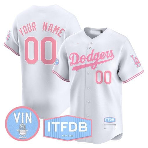 Custom Los Angeles Dodgers Vin ITFDB Patch Bubblegum Pink Vapor Premier Limited All Stitched Baseball Jersey