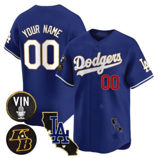 Custom Los Angeles Dodgers Vin Patch & Kobe Bryant Gold Trim Vapor Premier Limited V2 All Stitched Baseball Jersey