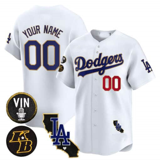Custom Los Angeles Dodgers Vin Patch & Kobe Bryant Gold Trim Vapor Premier Limited V2 All Stitched Baseball Jersey