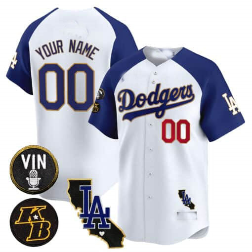 Custom Los Angeles Dodgers Vin Patch & Kobe Bryant Gold Trim Vapor Premier Limited V2 All Stitched Baseball Jersey