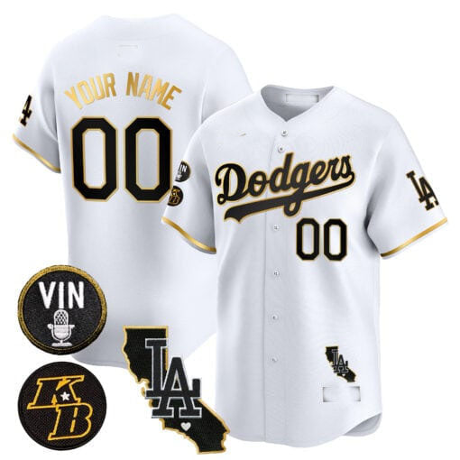 Custom Los Angeles Dodgers Vin Patch & Kobe Bryant Gold Trim Vapor Premier Limited V2 All Stitched Baseball Jersey