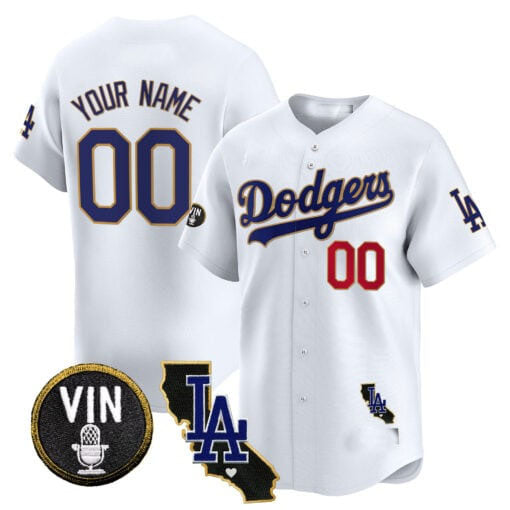 Custom Los Angeles Dodgers Vin & California Patch Gold Trim Vapor Premier Limited All Stitched Baseball Jersey