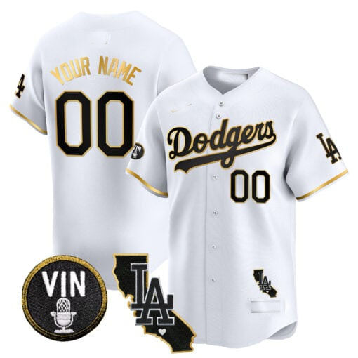 Custom Los Angeles Dodgers Vin & California Patch Gold Trim Vapor Premier Limited All Stitched Baseball Jersey