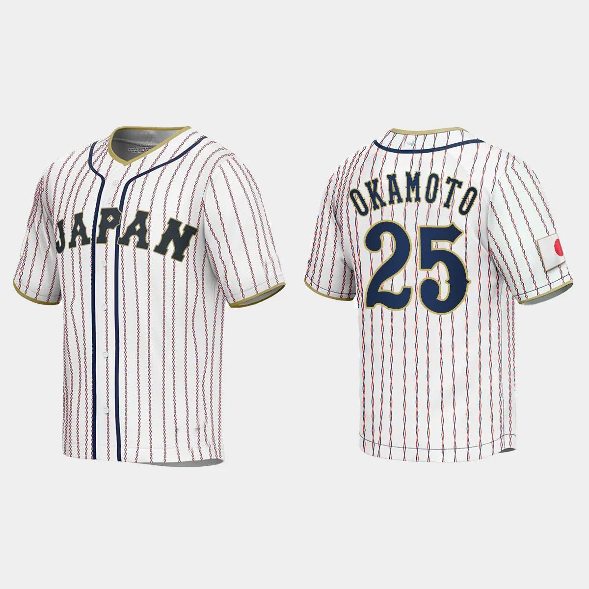 #25 KAZUMA OKAMOTO JAPAN BASEBALL 2023 WORLD BASEBALL CLASSIC JERSEYC WHITE Stitches Baseball Jerseys