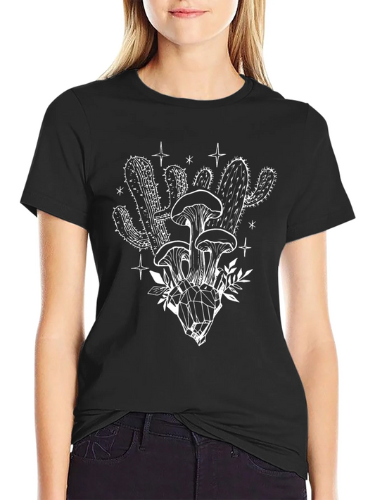 Black T-Shirt with Mushroom Cactus Graphic