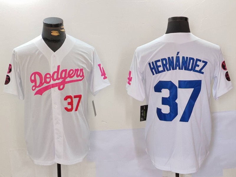 Los Angeles Dodgers #37 Teoscar Hernndez White Pink Vin & Kobe Patch Stitched Baseball Jersey