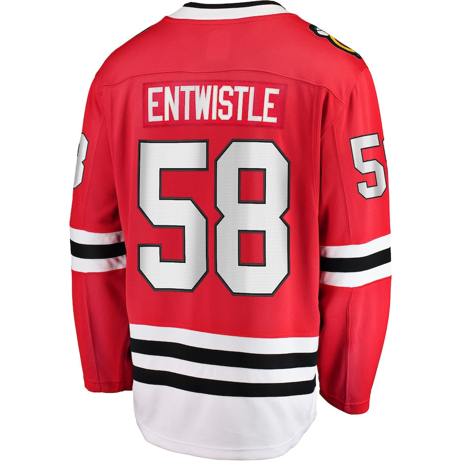 C.Blackhawks #58 MacKenzie Entwistle Home Breakaway Player Jersey Red Stitched American Hockey Jerseys