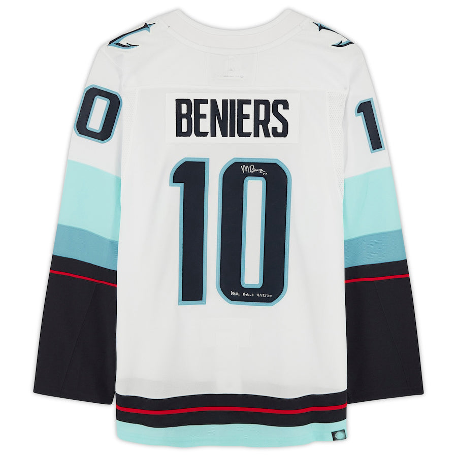 S.Kraken #10 Matt Beniers   with Debut 4-12-22 Inscription and Inaugural Season Jersey Patch White Hockey Jerseys