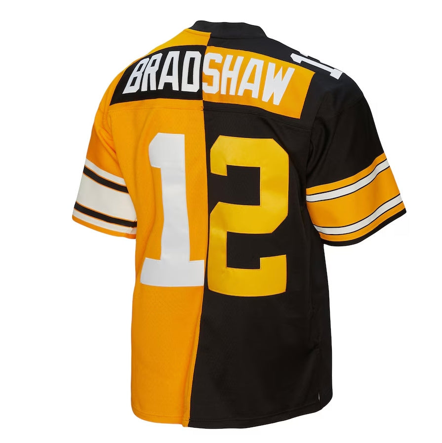 P.Steelers #12 Terry Bradshaw 1976 Split Legacy Replica Jersey - Black/Gold Stitched American Football Jerseys