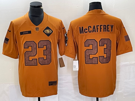 Men's San Francisco 49ers Christian McCaffrey #23 Brown 2023 Salute To Service Retired Player Limited jersey