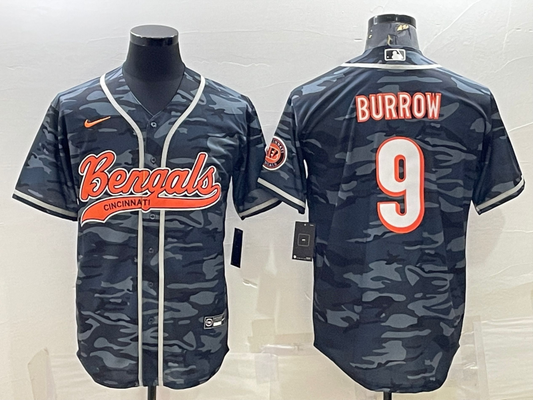 Men's Cincinnati Bengals Joe Burrow #9 Grey Camouflage Fashion Game Jersey1
