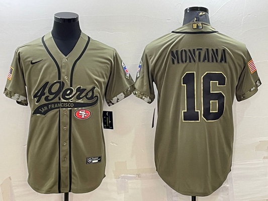 Men's San Francisco 49ers Joe Montana #16 Olive 2022 Salute To Service Retired Player Limited jersey Joint Edition