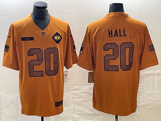 Men's New York Jets Breece Hall #20 Brown 2023 Salute To Service Limited jersey