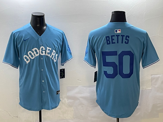Men's Los Angeles Dodgers Mookie Betts #50 Light Blue Replica Player jersey